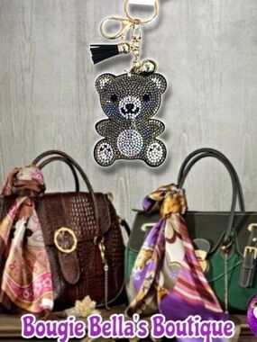 Rhinestone Teddy Bear Keychain Bag Charm - Black and Iridescent